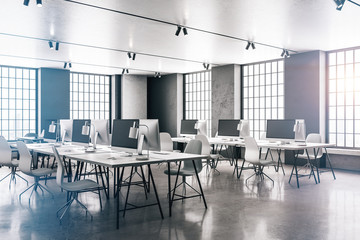 Coworking office interior with panoramic city view