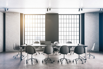 Office interior with two window and panoramic city view