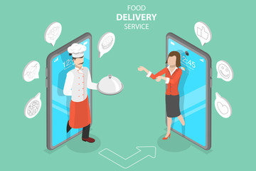 3D Isometric Flat Vector Concept of Food Delivery Service, Restaurant and Cafe Online Food Order App.