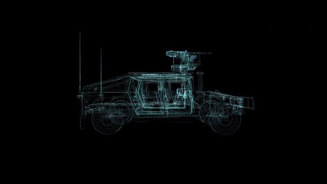 Military armored vehicle Hologram Wireframe. Nice 3D Animation on a black background with a seamless loop for futuristics projects