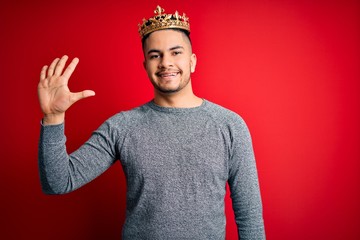 Young handsome man wearing golden crown of prince over isolated red background showing and pointing...