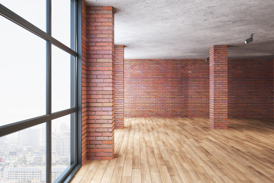 Modern red brick room with column and panoramic city view.