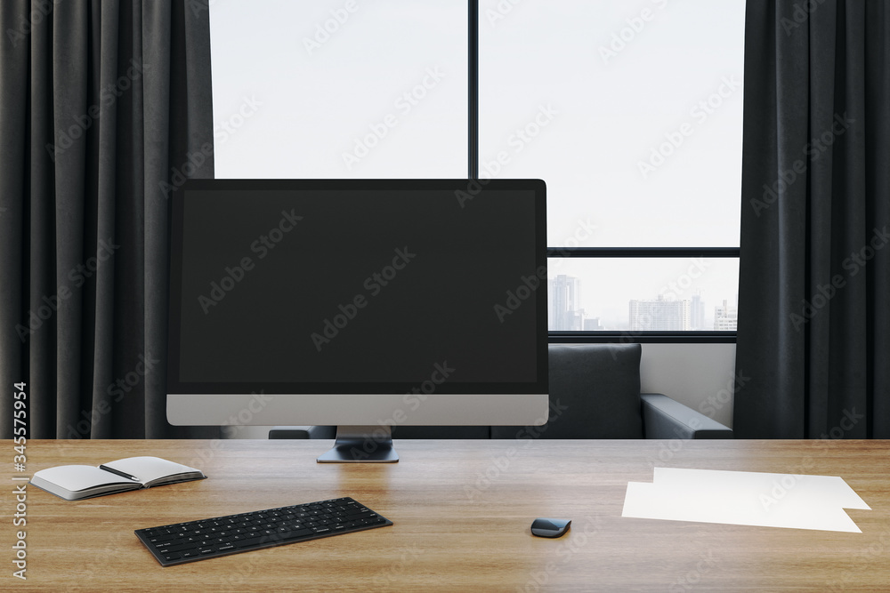 Poster Modern designer desktop with empty computer screen.