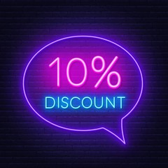 Fototapeta na wymiar 10 percent discount neon sign on brick wall background. Vector illustration