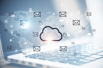 Notebook with creative glowing cloud email hologram