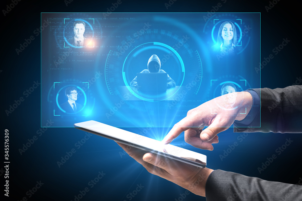 Poster Hand holding tablet with hacker collects data about business people through neural networks