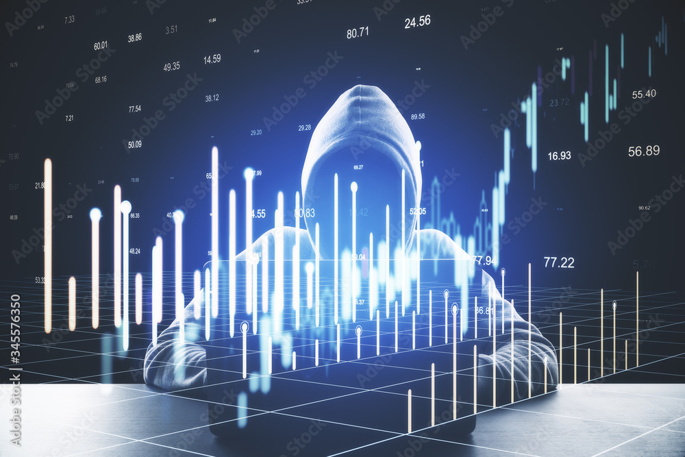 Aufkleber Hacker at desktop using laptop with abstract forex interface.