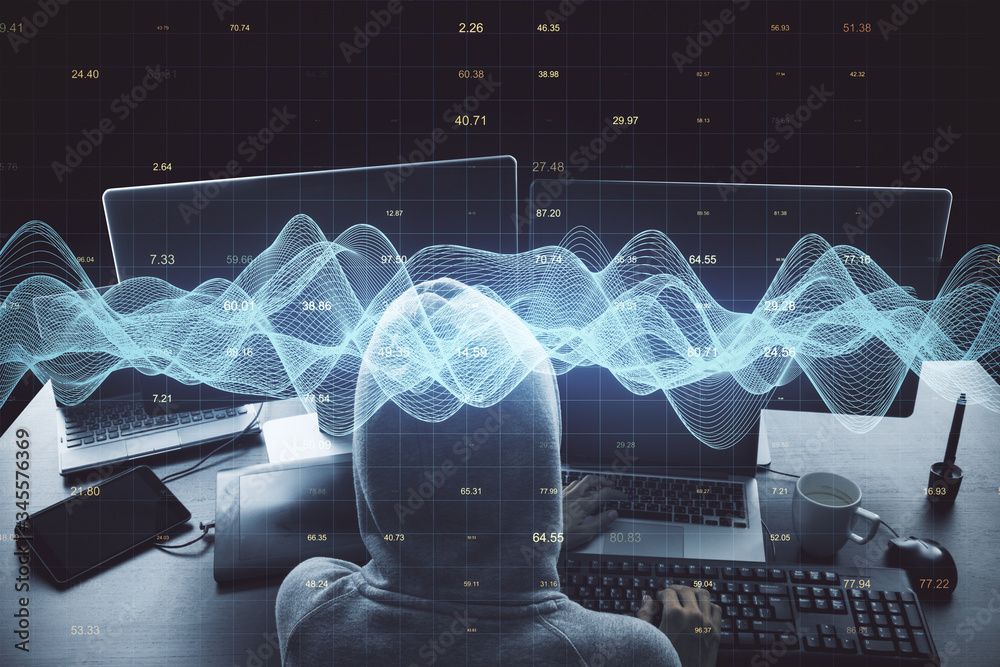 Poster Hacker using computer with financial analytics