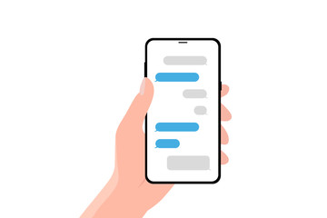 Hand holing smartphone with speech bubble. Using smart phone for text messaging