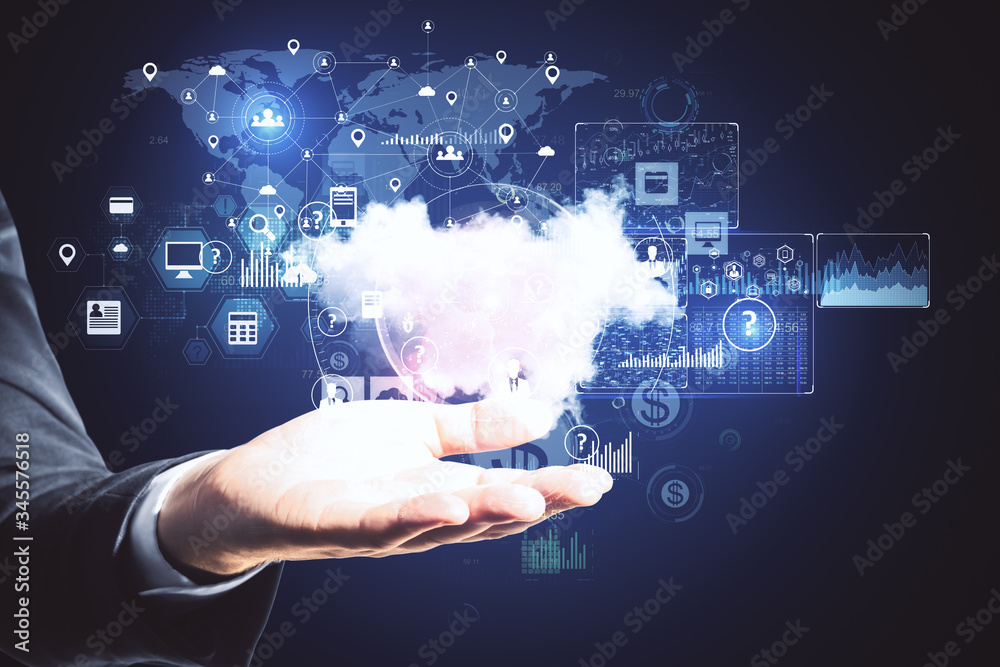 Poster hands holding online networking cloud diagram.