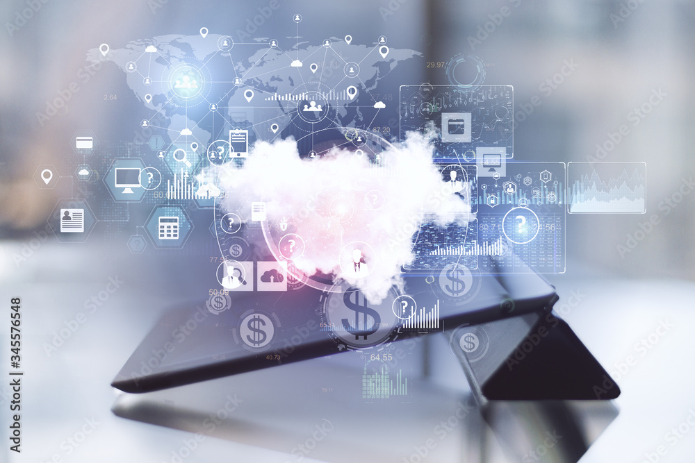 Aufkleber Digital tablet with online networking cloud diagram.