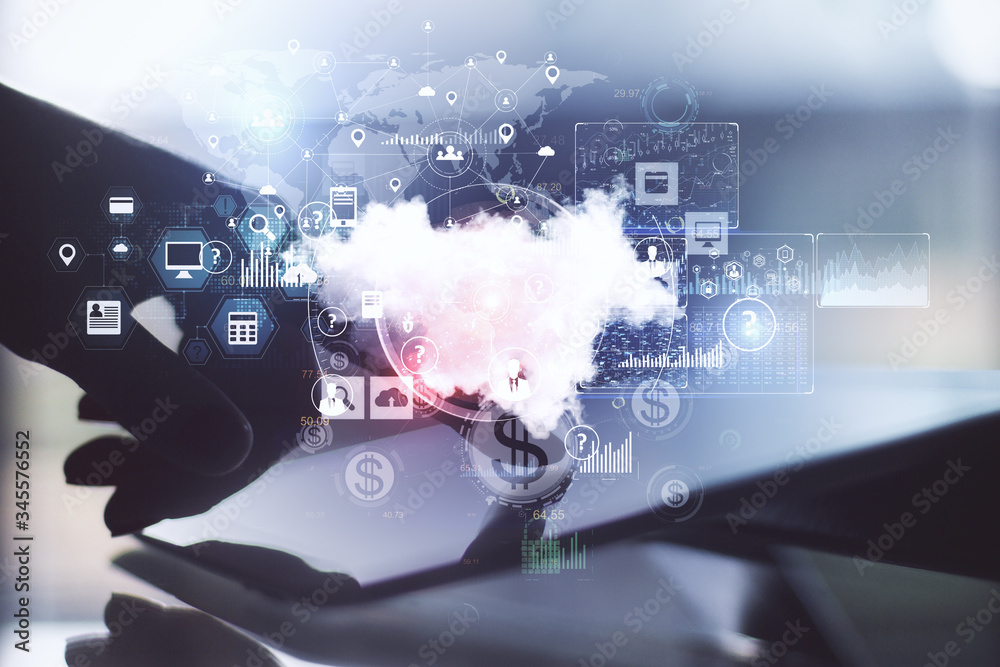 Poster hand tayping on tablet with online shopping and cloud computing diagram.