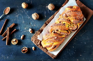 Cinnamon twisted loaf bread or babka on a dark wooden background, still life, rustic style