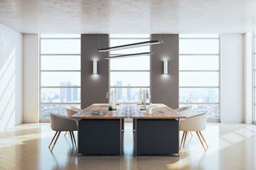 Modern coworking office interior with computers