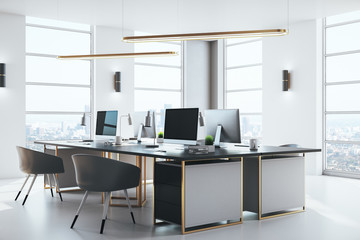Contemporary coworking office with computers on table and megapolis city view.