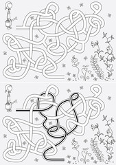 Girl watering flower garden maze