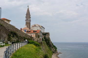 Piran in Slovenia with coast and cathedral