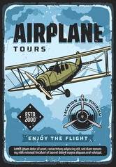 Airplane flight tours, plane travel and air tourism, vector vintage poster. Vacation and tourism, airplane flight trips, civil aviation trips, retro propeller airplane flight in sky, private jets club © Vector Tradition