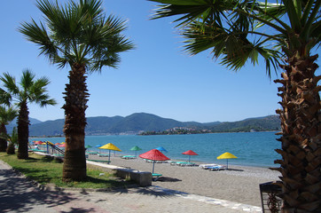 FETHIYE, TURKEY - June, 2019: Calis Beach on the Aegean Sea
