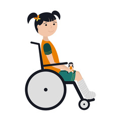 A girl with dark hair and a broken leg is sitting in a wheelchair with a doll in her hands.The leg is bandaged and fixed with a cast. Color illustration with a child in a flat style. Isolated on white