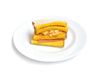 Sandwiches with Bologna and dried shredded pork on white background.