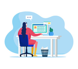 People with gadgets vector illustration. Cartoon flat woman character sitting at table, reading email on screen desktop, using computer for work from home or social communication isolated on white