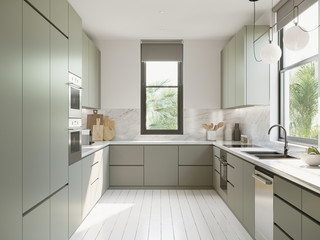 Fototapeta na wymiar 3d modern contemporary light green mint kitchen with white wood floor
