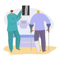 Patient on doctor appointment vector illustration. Cartoon traumatologist character analyzing and showing xray picture with limb fracture to man with broken leg, hospital treatment isolated on white