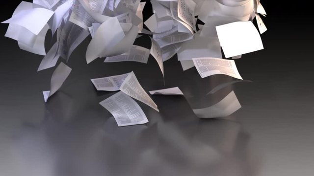 Paper documents cover the floor
