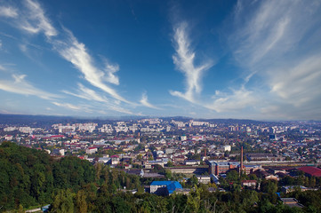 Panorama of the city of Lviv in the daytime against the blue sky.