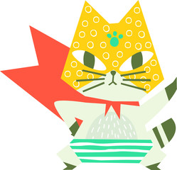 Cartoon superhero cat.  Cute animal.   The brave cat. Can be used for invitation cards and drawing poster, T-shirt Print and cartoon character.