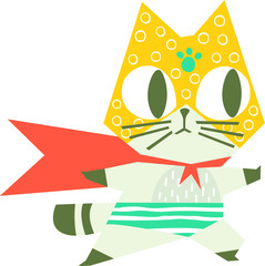 Cartoon superhero cat.  Cute animal. The brave cat. Can be used for invitation cards and drawing poster, T-shirt Print and cartoon character.