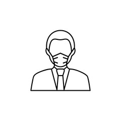 Man with medical mask line icon. Safety breathing respiratory mask sign. Coronavirus face protection symbol. Quality design element. Linear style medical respirator icon. Sign for web and mobile app.