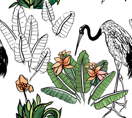 Exotic Bird in Blooming Jungle Bushes, Floral Wildlife Print, Doodle Drawing Jungle Life Banana Bushes on White Background