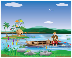 Obraz na płótnie Canvas Fishermen sit on sampan trap fish with nets vector design