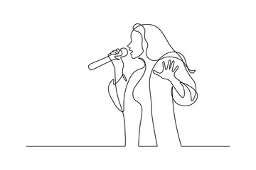 Singer in continuous line art drawing style. Young woman holding microphone and singing. Black linear sketch isolated on white background. Vector illustration © GarkushaArt
