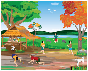 Girls and boys playing in the countryside vector design