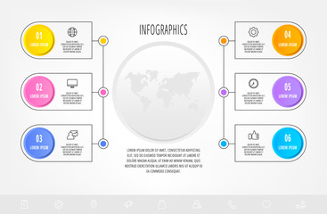 Creative circular infographics with 6 parts, options. Vector design template. Can be used for diagram, business, web, banner, workflow layout, presentations, flow chart, timeline, content, levels