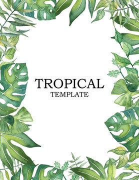 Watercolor card template with realistic tropical leaves