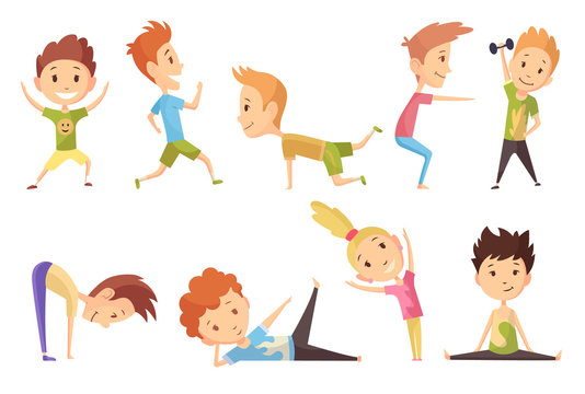Fitness sport. Set of boys and girl making gymnastic exercises. Funny cartoon colorful characters. Cute gymnastics for children and healthy lifestyle sport illustration. Vector happy kids fitness