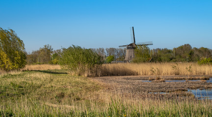 Tradycyjny, holenderski wiatrak nad kanałem wodnym, Alkmaar w Holandii Północnej. - obrazy, fototapety, plakaty