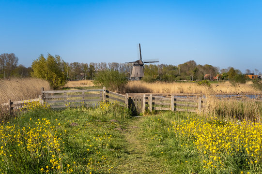 Tradycyjny, holenderski wiatrak nad kanałem wodnym, Alkmaar w Holandii Północnej.