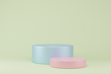 Pastel podiums on green background. Abstract minimal scene with geometrical. Scene to show cosmetic products presentation. Mock up design empty space. Showcase, shopfront, display case,3d render