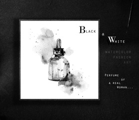 Watercolor glass bottle of perfume or cosmetic serum. Black and white illustration. Drips of paint and ink splashes.