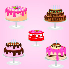 5 Types of Delicious  Vector Cakes Illustration Design For Posters, Website Banners, with Lightpink Gradient Background