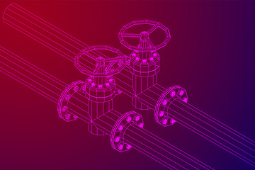 Oil pipeline with valve business concept. Finance economy polygonal petrol production. Petroleum fuel industry transportation line. Wireframe low poly mesh vector illustration.
