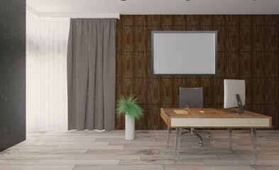 wood panels in the business center. office of the director of the company. Empty paintings. 3D rendering