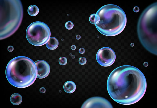 Soap bubbles on transparent background, realistic vector water foam balls with rainbow color reflections. Floating colorful soap bubbles, bath, shower and laundry objects design