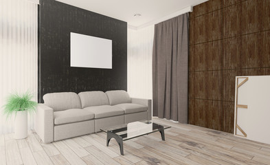 living room. white leather sofa. big windows. walls made of wood panels. Empty paintings. 3D rendering
