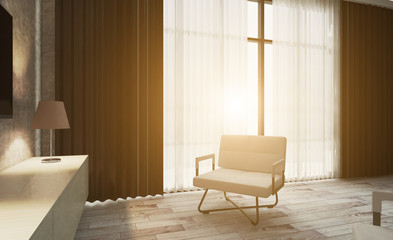The interior of the living room in a minimalist style. Black curtain with tulle on a large window. comfortable chairs for watching TV. Sunset. 3D rendering